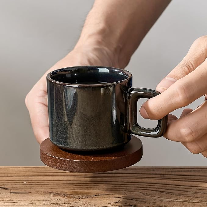 LUKA Porcelain Stackable Espresso Cups with Saucers and Metal Stand, 4 Ounce Small Ceramic Demitasse Cups Set for Latte, Specialty Coffee Drinks, Cafe Mocha,Tea - Set of 4, Kiln Tide Glaze
