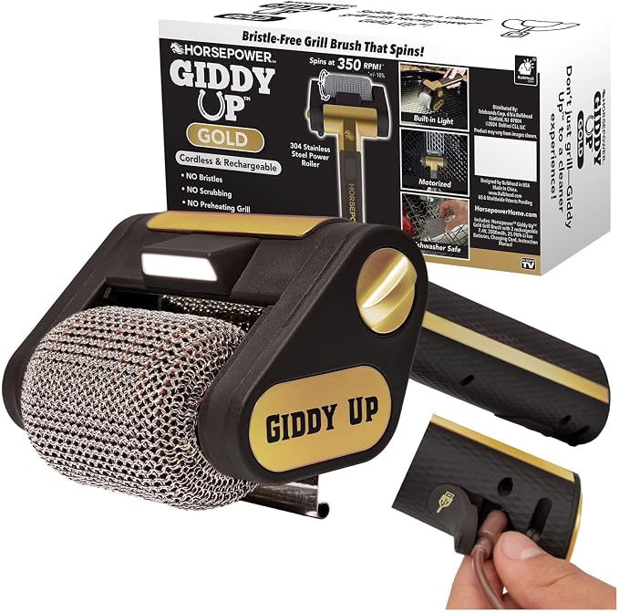 Horsepower Giddy Up GOLD Bristle-Free Spinning Grill Brush w/LED & Longer Run Time, Cordless/Rechargeable, 304 Stainless Steel Power Roller Blasts Away Burnt-On Food, No Bristles No Preheating 350 RPM
