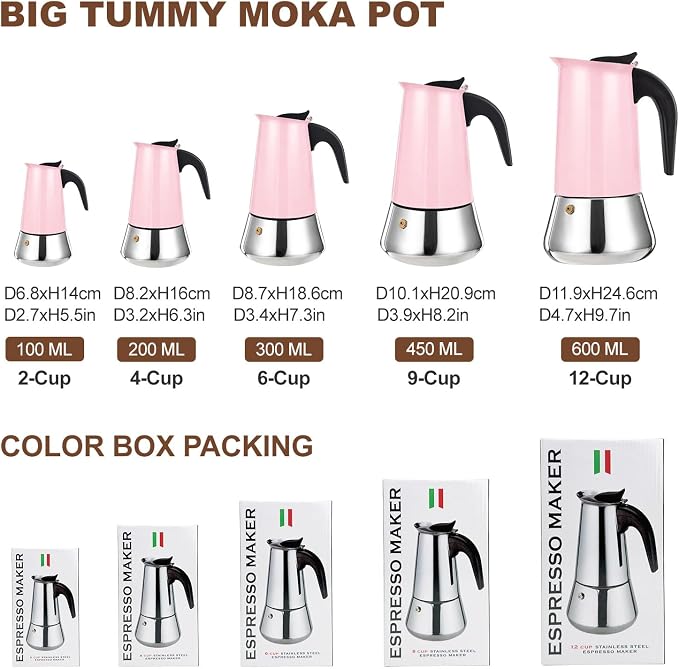 6 Cup Stovetop Espresso Maker Stainless Steel Moka Pot Stove Top Percolator Italian Coffee Makers Capable Mocha Greca Machine Cafe Classic Induction Cookers for Home and Camping 300ml 10oz