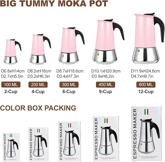 12 Cup Stovetop Espresso Maker Stainless Steel Moka Pot Stove Top Percolator Italian Coffee Makers Capable Mocha Greca Machine Cafe Classic Induction Cookers for Home and Camping 600ml 20oz
