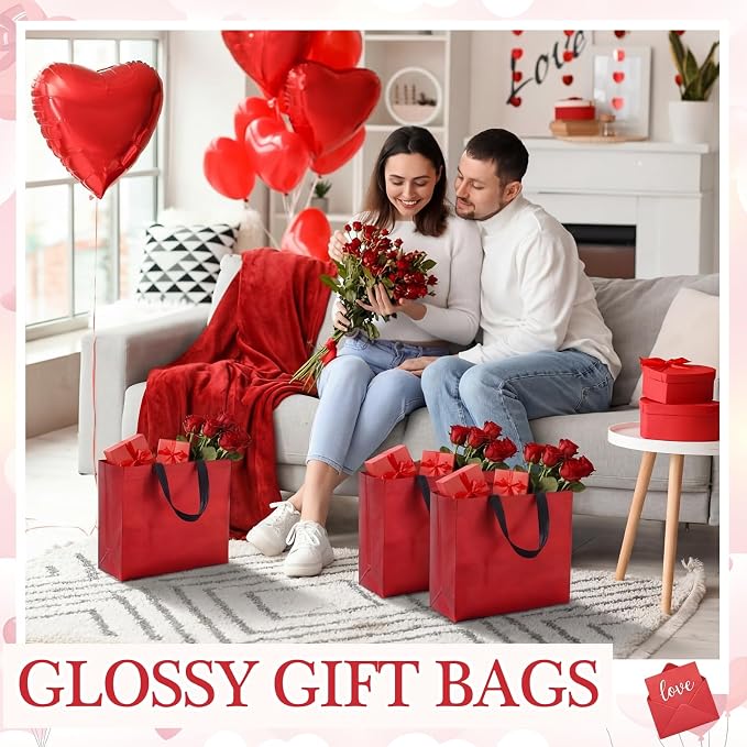 Eccliy Reusable Gift Bags Set Glossy Grocery Gift Tote Bag with Handle for Wedding, Bridal Shower, 4th of July, Summer Event(12 x 11 x 4.7 I Inch,Red,80 Pcs)