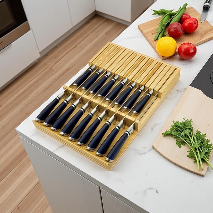 Bamboo Knife Drawer Storage Organizer Insert | 17-Slot Kitchen Knife Block with Anti-Slip Design| Space-Saving Kitchen Storage (16.6"x11.6"x2.1")