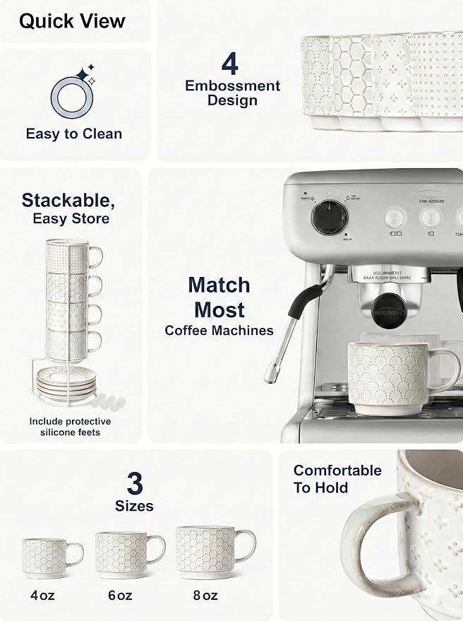 LE TAUCI 8 oz Stackable Latte Cups with Saucers and Stand, Set of 4, Large Ceramic Coffee Cup and Saucer Set for Tea, Cafe Au Lait, Microwave & Oven Safe - Embossed White