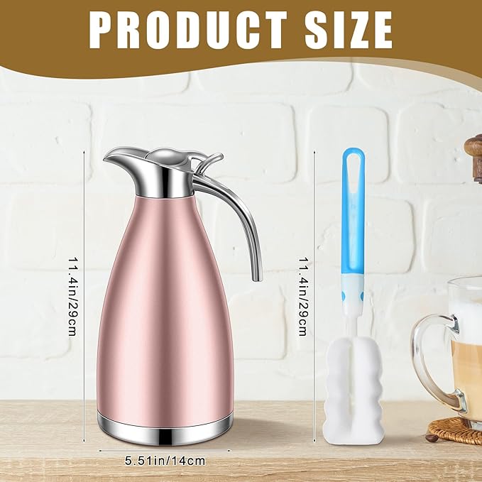 Uiifan 2 Pcs 68 oz Thermal Coffee Carafe Insulated Stainless Steel Coffee Carafe for Hot Liquids Vacuum Thermal Pot Creamer Dispenser with Brushes Keeping Hot Tea Milk Water(Rose Gold)