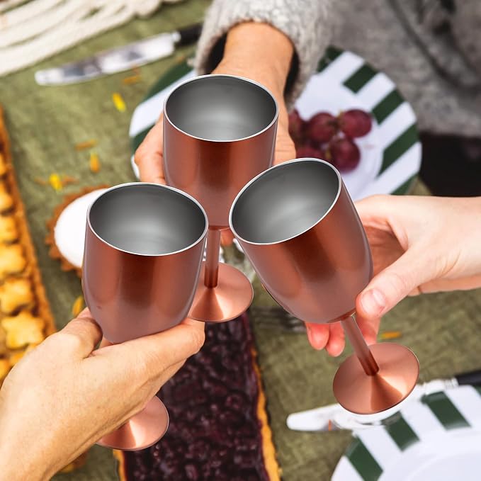 Yinder 8 Pcs Stemmed Stainless Steel Wine Glasses, 12 oz Stainless Wine Goblet with Lids Double Wall Insulated Unbreakable Goblets Insulated Stem Tumbler for Friendship Birthday Party (Rose Gold)