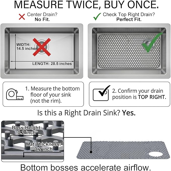 Silicone Sink Protectors for Kitchen - Non-Slip Heat Resistant Grid Mat for Farmhouse Porcelain Stainless Steel, Protects & Cushions Your Sink(Gray 1PCS, 28.5"x14.5" Right-Side Drain)