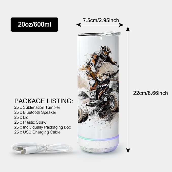 sweet grain Music Speaker Tumbler(25Pack) - 20 oz Sublimation Tumbler Skinny Straight with Speaker, Straw & USB Charging Cable, Music Tumbler Cup - White
