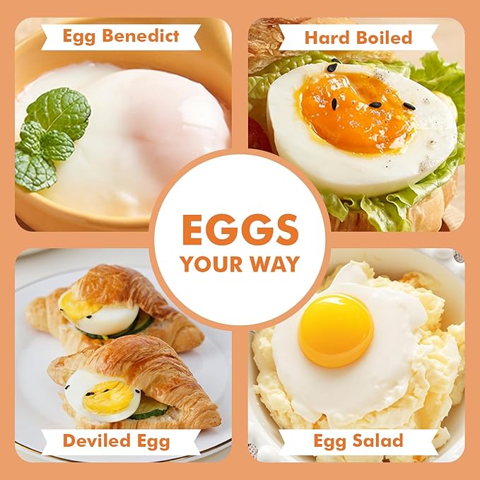 Kawu Egg Cooker, 6-in-1 Electric Rapid Egg Poacher for Hard Boiled Eggs, Yogurt, Custard, 12H Delay Start & Auto Off, Portable Breakfast Maker with Stainless Steel Bowl, 4 Eggs