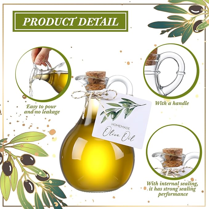 Vesici 20 Set Olive Oil Bottle with Stopper Mini Glass Oil Cruet Dispenser with Label Vinegar Bottle with Spout for Kitchen Salad Dressing Syrup Container for Wedding Baby Shower Favors(8.5 oz 3)