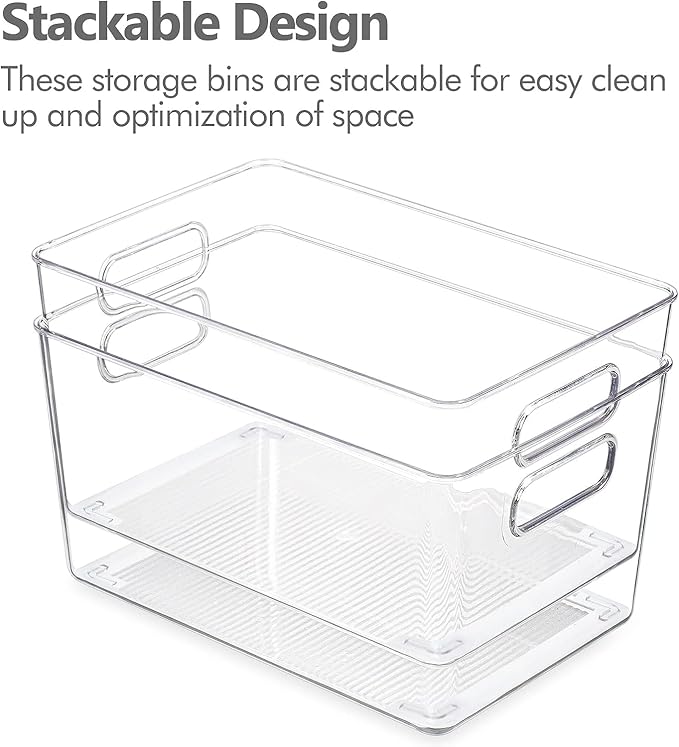 Clear Plastic Storage Bins – 4 Large Containers for Kitchen Organization or Pantry Organization and Storage, Fridge Organizer Plastic Bins, Pantry Organization and Storage Bins, Cabinet Organizers