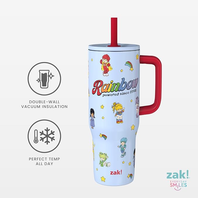 Zak Designs Rainbow Brite Sutton Travel Tumbler for On the Go, 30oz Stainless Steel with Vacuum Insulation, Silicone Straw, and Carry Handle for Cold Drinks (Rainbow Brite, Color Kids)