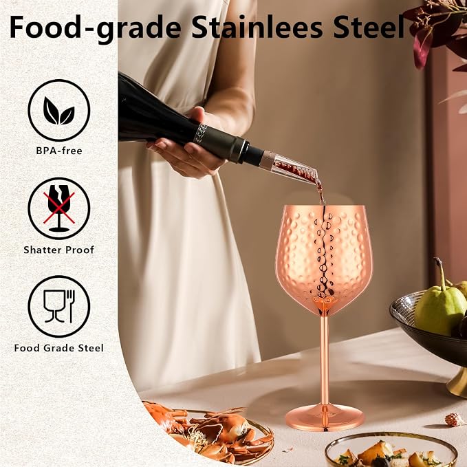 UNISWEET Stainless Steel Wine Glasses Set of 4 Unbreakable (Rose Gold) | 17 oz Large-capacity Hammered Goblets, Lightweight & Reusable, Good for Outdoor, Camping, Pool Travel, Gift for Wine Lovers
