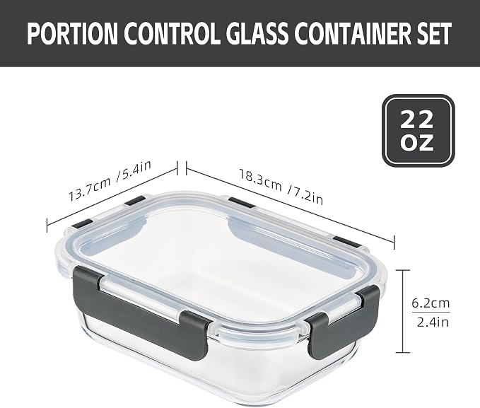 6-Pack 22oz Glass Meal Prep Containers with Lids, Airtight Leakproof Snap Lock Food Storage, Freezer, Microwave, Oven & Dishwasher Safe Bento Boxes for Meal Prepping, Grey