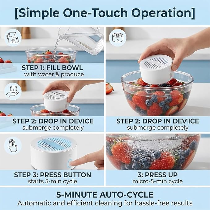 Original Premium Produce Cleaner, Best Ultrasonic Vegetable Produce Cleaner Device, Veggie Cleaning Machine, Deep Cleaning Surface Residues, Ipx7 Waterproof Cordless Device for Berries Meat (1PC)