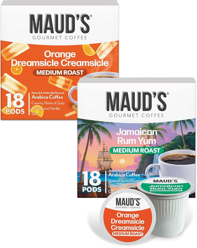 Maud’s Orange Creamsicle & Jamaican Rum Yum Flavored Coffee Pods Variety Pack, 36 ct, Medium Roast Single Serve Pods – 100% Arabica Coffee, Compatible with Keurig K Cups Maker
