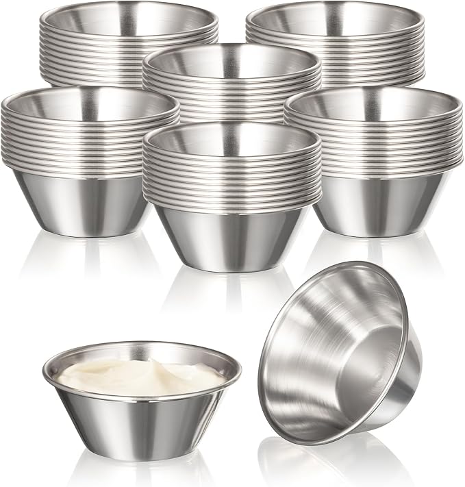 Fit Meal Prep [120 Pack 1.5 oz Stainless Steel Dipping Sauce Cups, Reusable Metal Ramekins, Commercial Grade Condiment Bowls, Individual Portion Cups, Small Round Au Jus Cup for Home, Restaurant