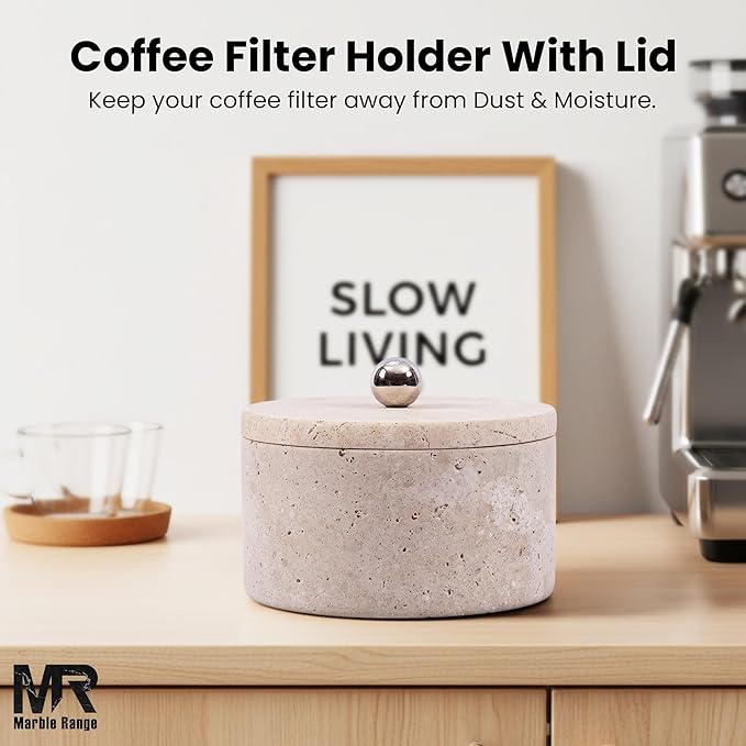 Marble Coffee Filter Holder – 6 inch Handmade Travertine Coffee Filter Holder with Lid, Storage Organizer for Kitchen Countertop & Bar Decor