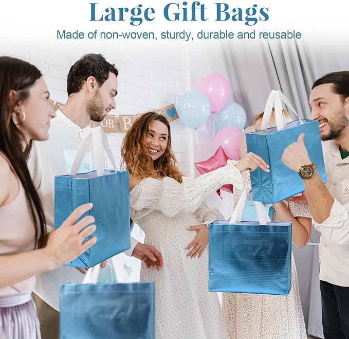 Eccliy Reusable Gift Bags Set Glossy Grocery Gift Tote Bag with Handle for Wedding, Bridal Shower, 4th of July, Summer Event(12 x 11 x 4.7 I Inch,Lake Blue,80 Pcs)