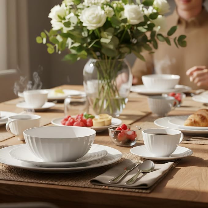 16-Piece Bone China Dinnerware Set for 4, White embossed dinnerware set, Plates and Bowls with Textured Design, Microwave Dishwasher Safe