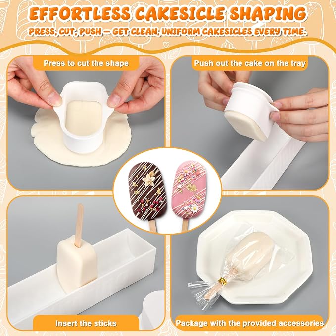 3in Cakesicle Cutter with 9in Tray, Cakesicle Mold Set with 100 Sticks, 100 Bags and 100 Ribbons, Baking Tools for Home Baking, Birthday Parties, Wedding Desserts(White,3in,Single Slot)
