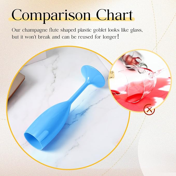 Maxcheck 24 Pcs Champagne Flutes Bulk Acrylic Toasting Drinking Flute Unbreakable Goblet Champagne Cups 6 oz Plastic Wine Glasses for Mother's Day Wedding Bridal Shower Anniversary Party (Blue)