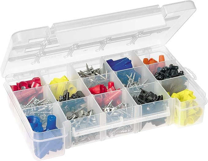 Akro-Mils 05705 Plastic Portable Parts Storage Case for Hardware and Crafts with Hinged Lid and 4 Adjustable Dividers, (8-3/8-Inch x 5-Inch x 1-5/8-Inch), Small, Clear