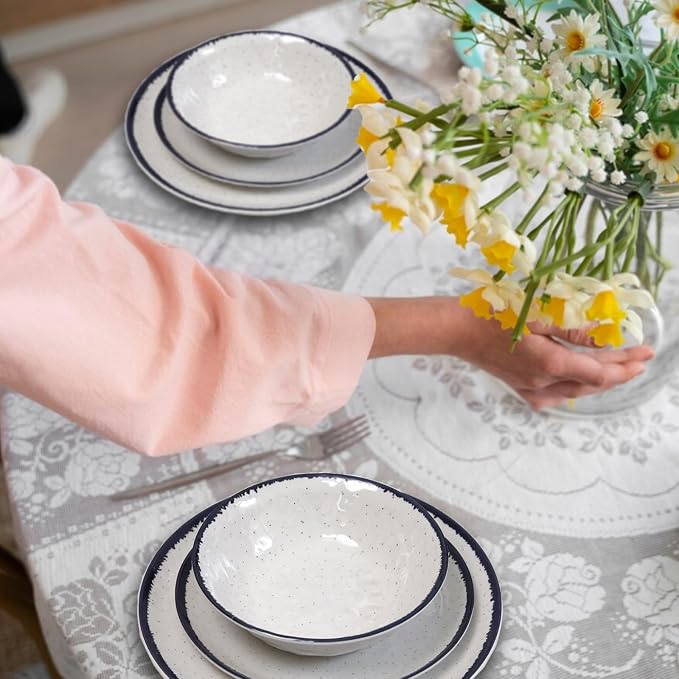 12-Piece Melamine Dinnerware Set for 4 - Retro Speckled Pattern | Lightweight & Scratch Resistant Plates & Bowls, Indoor/Outdoor Use