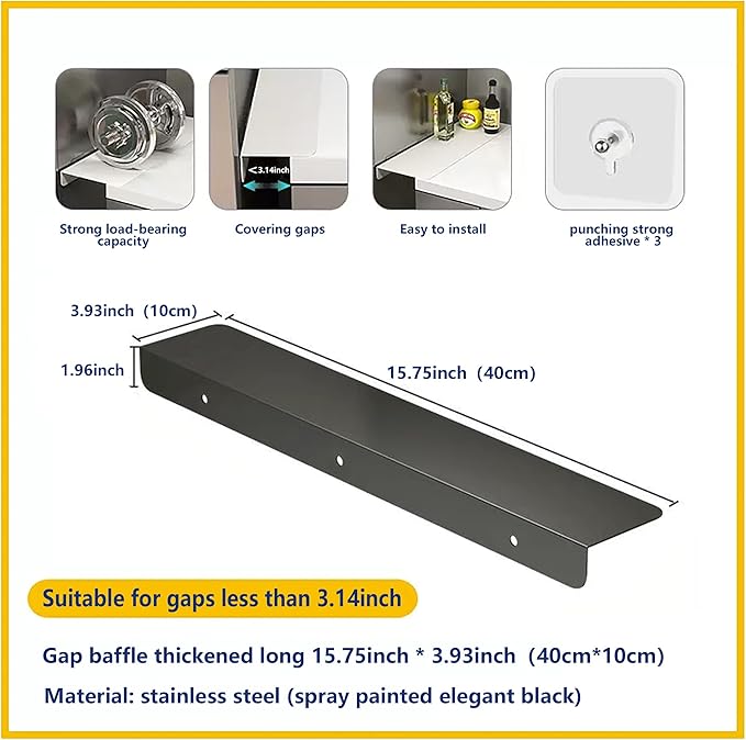 Metal Kitchen Refrigerator Gap Partition Countertop Gap Extension Board,Gap Covers Between Countertop and Walls, Refrigerator Side Partition, No Drill(Black,15.75 * 3.93inch)