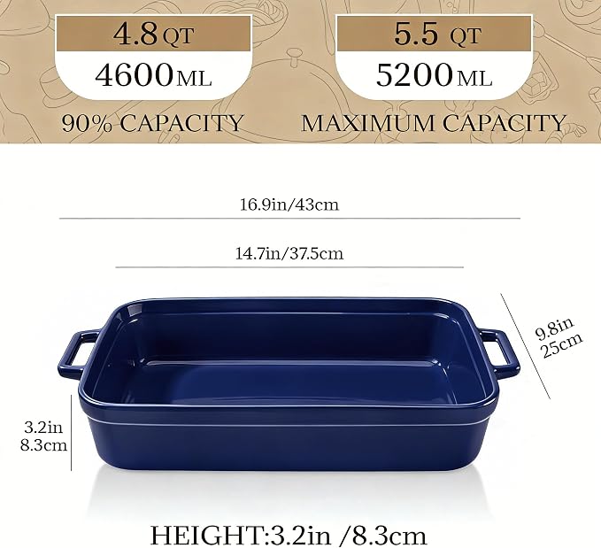 5.5 Quart Casserole Dish,Large Baking Dish Cookware,14.7x10 Inch Deep Lasagna Pan for Oven,Ceramic Bakeware for Baking, Easy to Clean, (Blue)