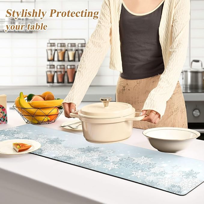 Silver Winter Abstract Snowflakes Christmas Trivet Table Runner 40 Inches Long Trivet for Hot Pots and Pans/Hot Dishes,Table Protector Heat Up to 230F, Decorative Hot Plates Mat for Kitchen Countertop