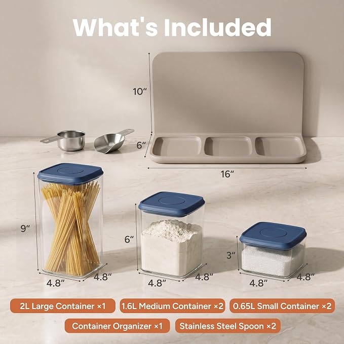 SMIRLY 8-Pcs Airtight Food Storage Containers Set with Countertop Organizer,One-Press Air Tight Pantry Storage Containers, BPA-Free ABS,Stainless Steel Spoon & Scoop for Cereal, Flour, Sugar-Blue