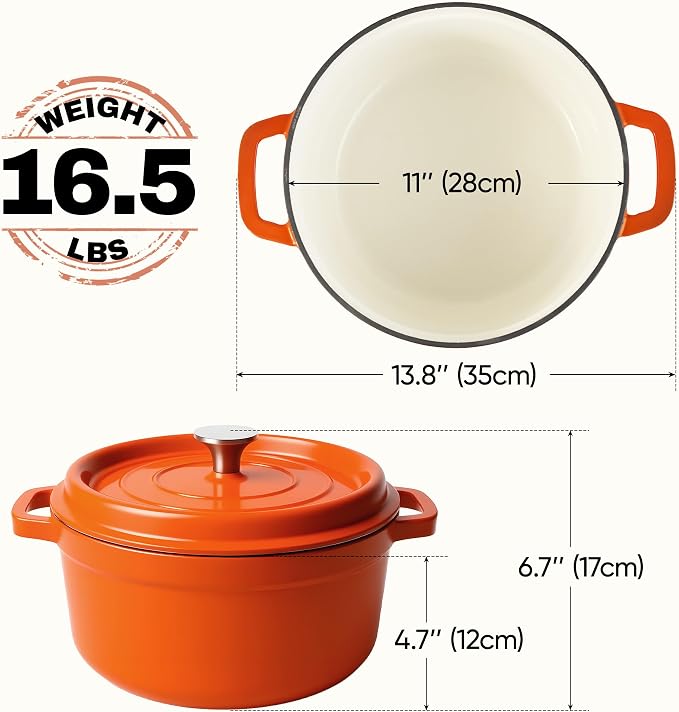 6.5 Quart Dutch Oven Pot with Lid, Non Stick Enameled Cast Iron Dutch Oven for Bread Baking, Heavy-Duty, Oven Safe Ceramic Cookware Up to 500°F for Baking, Braising, Stews, Roasting, Orange