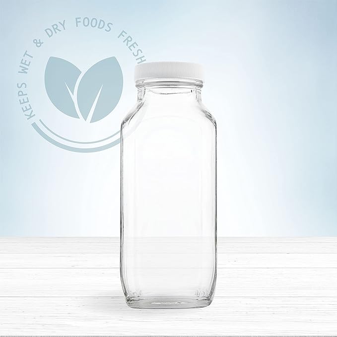 kitchentoolz 16oz Square Glass Milk Bottle with Lid - Glass Jars with Airtight Lid used for Milk Container, Yogurt, Smoothies, Juice, Kefir, & Water -2 Pack 16 oz Glass Bottles with Lids