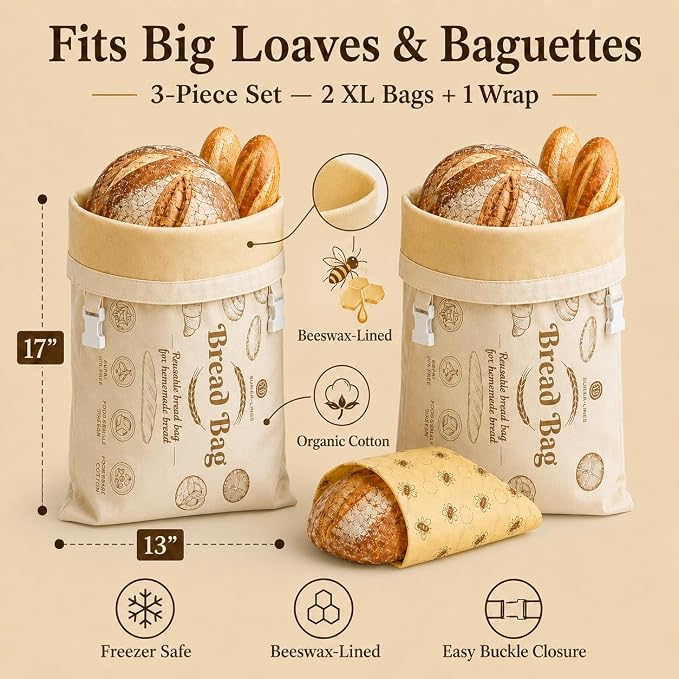 Cotton Beeswax Bread Bags for Sourdough - 3 Pack Reusable 2XL Set with Beeswax Wrap & Buckle Closure, Freezer Safe, Eco-Friendly Organic Storage for Homemade Bread & Artisan Loaves