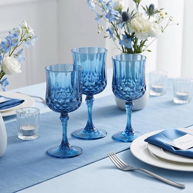 Pinkunn 12 Pcs 7 oz Plastic Vintage Wine Glasses Reusable Colored Goblets Patterned Drinking Water Glasses Cup Dishwasher Safe for Mother's Day Wedding Reception Party Supplies (Dark Blue)