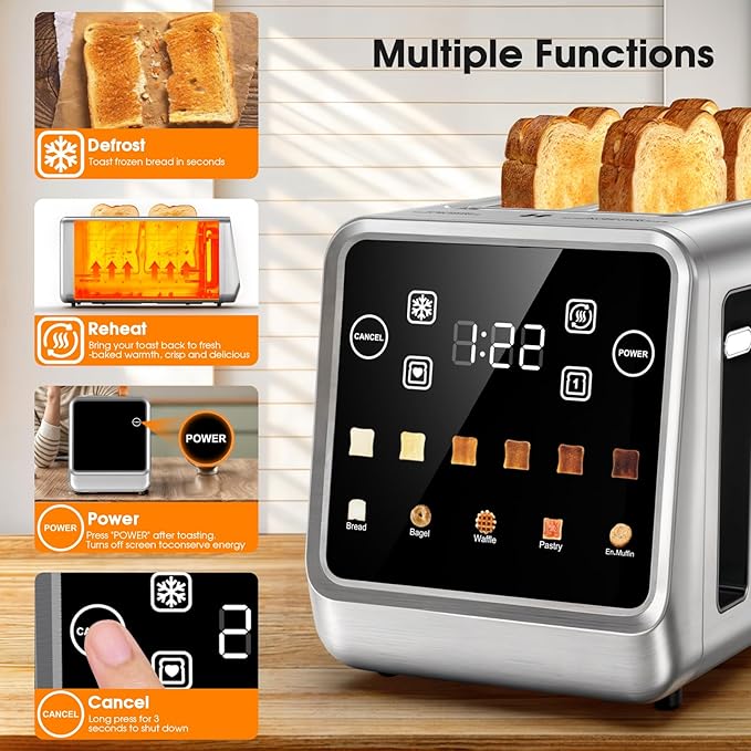 4 Slice Long Slot Toaster with Digital Touchscreen, 6 Shade Settings with Countdown Timer, Wide 1.5" Slots for Thick Bread & Bagels, Defrost, Reheat & Single-Slice Modes for Family Breakfast
