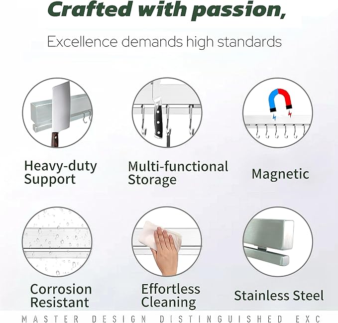 YIIYIIN 17 Inch Magnetic Knife Holder for Wall No Drill,Adhesive Knife Magnetic Strip with 12 Hooks,Kitchen Double Rods Stainless Steel Magnetic Utensil Holder(Silver)