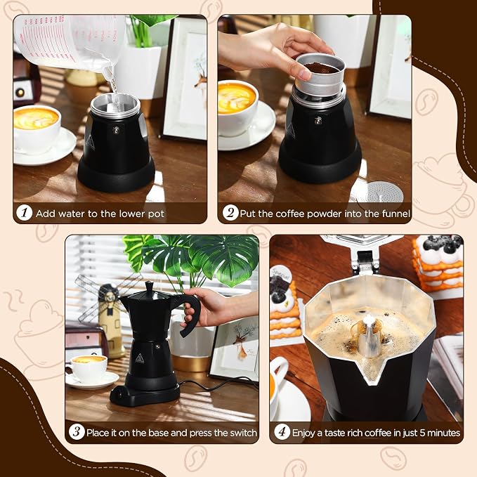 Coffee Pot 6 Cup Electric Espresso Coffee Maker Italian Moka Maker 300ml Portable Aluminum Espresso Machine Cafetera Moka Pot with Detachable Base, Gift for Home Travel(Black)