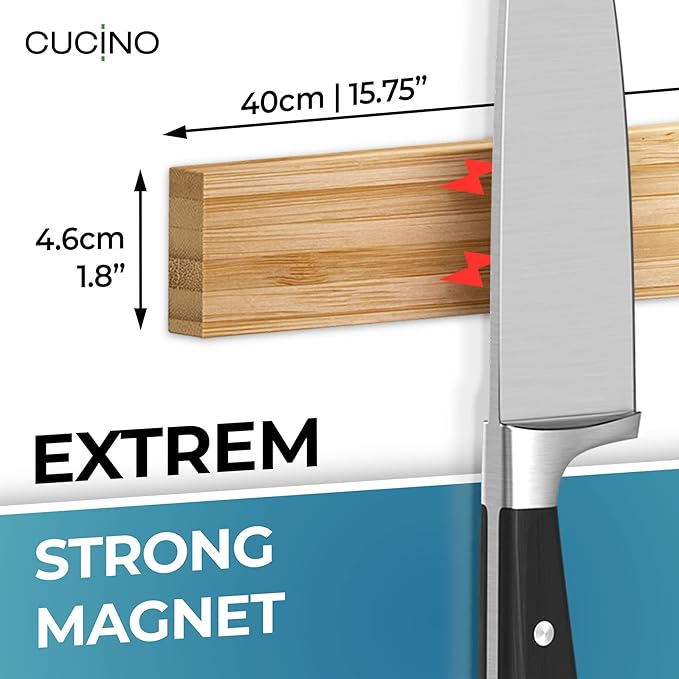 CUCINO Magnetic Knife Holder for Wall 16" - No Drilling incl. Self Adhesive Tape - Extra strong Magnet - Awarded Strip - Made of Bamboo