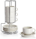 Sweese Porcelain Espresso Cups Set, 2.5 oz, with Saucers, Metal Stand, Stackable - Dove Grey, 4 Pack