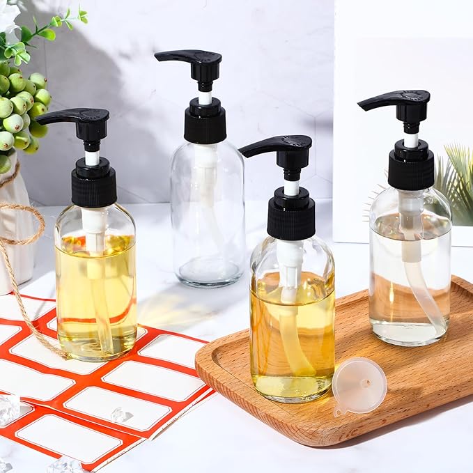 Tanlade Glass Pump Bottle Dispenser 4 oz Travel Bottles with Pump Refillable Glass Containers for Toiletries Lotion Liquid Soap Shampoo Essential Oils Cosmetic Travel Accessories(Clear,24 Pcs)