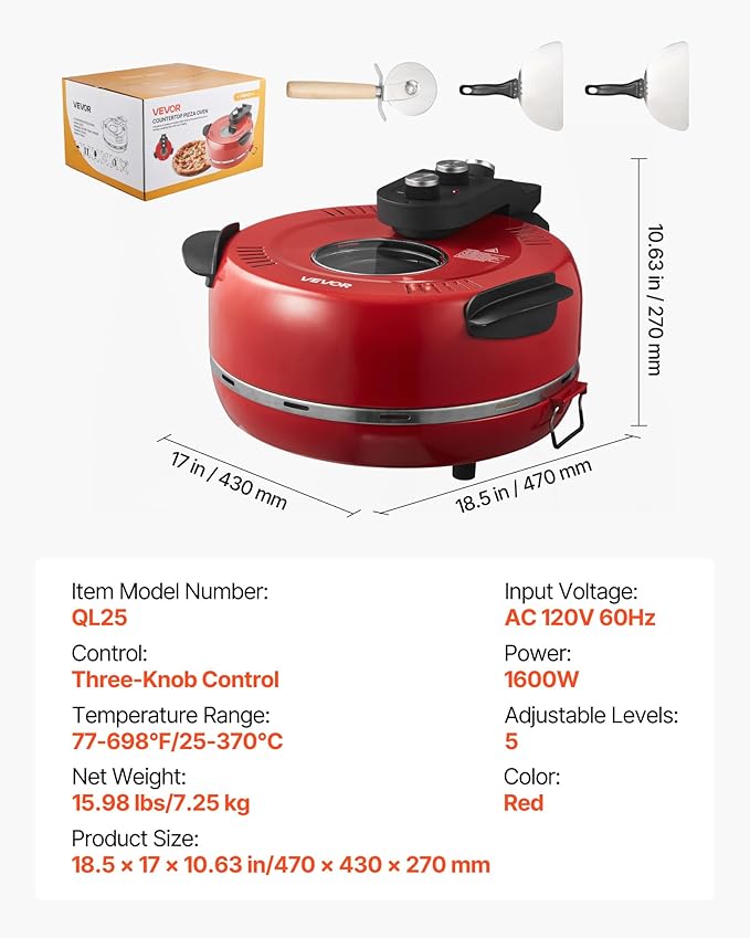 VEVOR Pizza Oven, 14 in Electric Pizza Maker, 1600W Electric Pizzas Cooker with Cordierite Stone, 5-Mode Temperature Control, Viewing Window for Precise Cooking, Heats up to 698 ˚F, for Home Kitchen