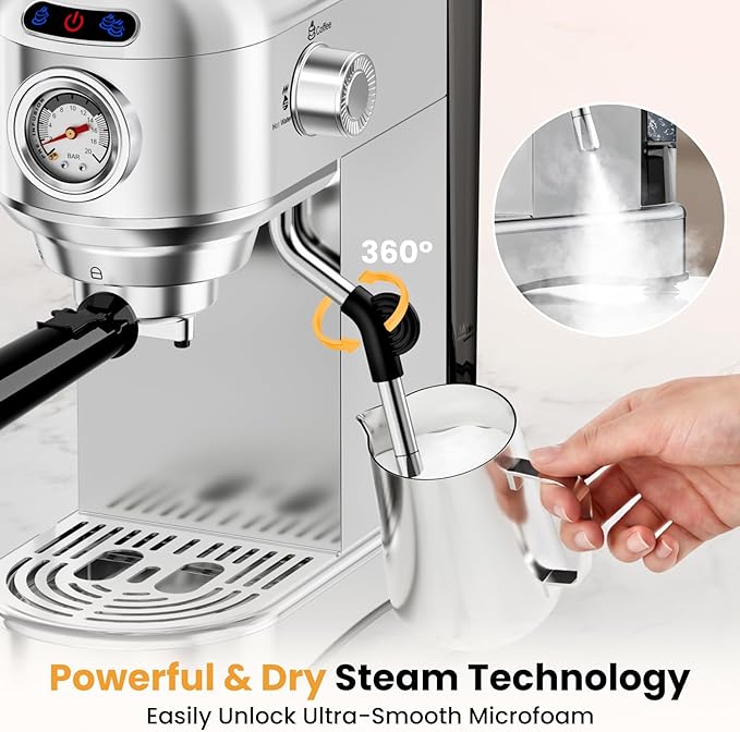 Espresso Machine 20 Bar, Compact Espresso Coffee Machine with Milk Frother, Stainless Steel Coffee Maker with 34oz Removable Water Tank, Cappuccino Machine for Home, Office, Latte (Silver)