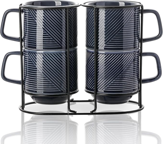 Stackable Coffee Mugs with Rack: 13 oz Stacking Ceramic Cups with Stand - Porcelain Stacked Tea Mug Set of 4 (Navy)