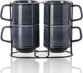 Stackable Coffee Mugs with Rack: 13 oz Stacking Ceramic Cups with Stand - Porcelain Stacked Tea Mug Set of 4 (Navy)