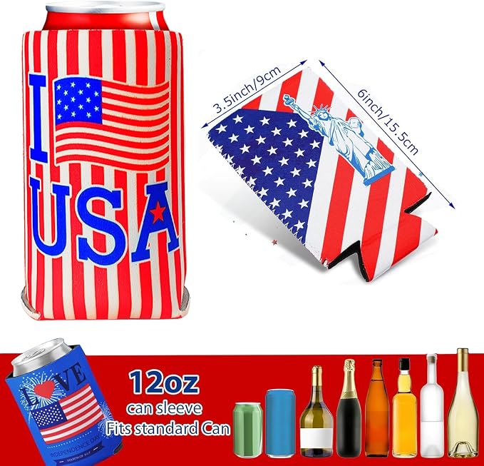 【16 PCS】 4th of July Can Holder in Bulk 4th of July Decorations Outdoor Can Cooler 4th of July Accessories Party Favors Patriotic Party Supplies Fourth of July Independence Day Accessories