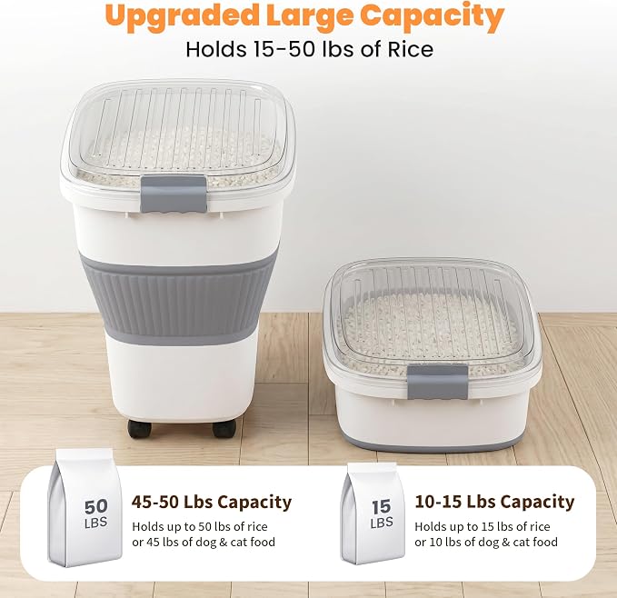 50 Lbs Rice Storage Container with Wheels, Collapsible Airtight Rice Holder with Transparent Lid, Measuring Cup, Scoop, Handle, BPA Free Food Storage Container for Pet Food, Grain, Bird Seed