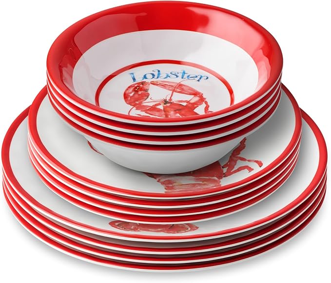 Beach House Lobster 12-Piece Melamine Dinnerware Set – Bold Coastal Charm, Service for 4, Durable, Lightweight, and Dishwasher-Safe