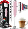 Zulay Kitchen Powerful Double Whisk Milk Frother Handheld - Foam Maker With Stand - Whisk Drink Mixer for Coffee, Mini Foamer for Latte, Matcha, Frappe, Hot Chocolate & Cappuccino - Magnetic Pink
