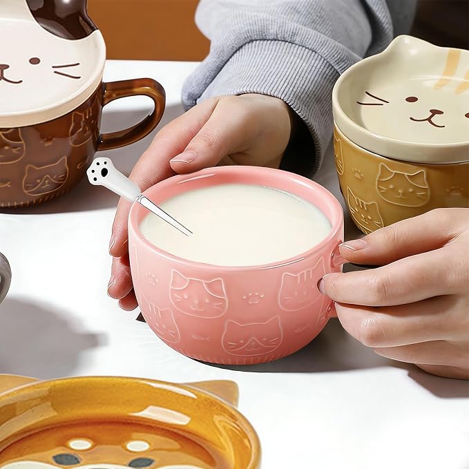 BigNoseDeer 2PCS Kawaii Cat Mug - Pink and Brown Ceramic Coffee Tea Cup with Lid, Saucer - Cool Preppy Gift for Cat Lovers, Christmas 10oz